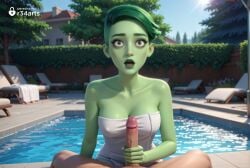1boy 1boy1girl 1girls ai_generated artist_name bare_shoulders breasts cleavage collarbone colored_skin d'vana_tendi day erection female green_eyes green_hair green_lips green_skin handjob hi_res lipstick looking_at_viewer makeup medium_breasts naked_towel open_mouth outdoors penis pool pov pov_crotch r34arts short_hair solo_focus star_trek star_trek_lower_decks straight towel tree uncensored water