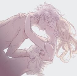 1boy 1girls blonde_hair blue_eyes breasts censored chizu closed_eyes female flute_(artist) french_kiss hair_over_eyes kissing long_hair male medium_breasts monochrome multiple_views navel nipples octopath_traveler ophilia_clement penis pubic_hair pussy sex shiny shiny_hair silver_hair straight tagme therion_(octopath_traveler) wholesome
