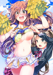 2girls :d :o areola_slip areolae blazer blonde_hair blue_eyes blush bra bra_lift breasts brown_hair cheerleader chuunibyou_demo_koi_ga_shitai! cloud dekomori_sanae frilled_skirt girl_m green_bra hair_ornament hairclip heart holding long_hair midriff multiple_girls navel nibutani_shinka nipples open_mouth open_skirt panties pink_panties plaid plaid_skirt pom_poms ribbon school_uniform shirt_lift skirt sky smile tied_hair twintails underboob underwear