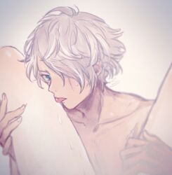 1boy 1girls before_oral blonde_hair blue_eyes breasts censored chizu closed_eyes female flute_(artist) french_kiss hair_over_eyes kissing licking_thigh long_hair male male_focus medium_breasts monochrome multiple_views navel nipples octopath_traveler ophilia_clement penis preparing pubic_hair pussy sex shiny shiny_hair silver_hair straight tagme therion_(octopath_traveler) wholesome