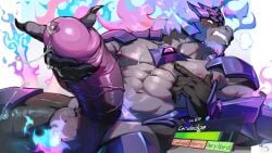 abs absurd_res anthro armor balls barazoku big_balls big_muscles black_body bodily_fluids ceruledge dendryte_axxon digital_drawing_(artwork) digital_media_(artwork) dripping equid equine erection fire gameplay_mechanics generation_9_pokemon genital_fluids genitals gui health_bar hi_res horse huge_balls humanoid_genitalia humanoid_penis hybrid male mammal mostly_nude mostly_nude_anthro mostly_nude_male muscular muscular_anthro muscular_male nintendo nipples pecs penis pokemon pokemon_(species) precum precum_drip pseudo_hair purple_body simple_background solo user_interface white_background