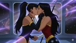 2girls ai_generated amazon bangs bare_shoulders black_choker black_gloves black_hair black_leotard blunt_bangs bracer breasts choker closed_eyes collarbone couple dc dc_comics diana_prince duo earrings elbow_gloves female/female female_only fingerless_gloves gloves gold_jewelry hand_on_another's_face hand_on_another's_neck hand_up heroine high_ponytail holding_hands indoors jayhardly8706 jewelry justice_league justice_league:_crisis_on_two_earths kissing leotard lips lipstick long_hair love makeup mary_batson medium_breasts multicolored_clothing multicolored_leotard multiple_females multiple_girls mutual_yuri neck necklace parted_bangs pink_lipstick polearm ponytail red_earrings red_leotard red_lipstick rivals romantic romantic_couple silver_bracer silver_jewelry space space_station spear standing star star_(symbol) star_print straight_hair strapless strapless_leotard superhero_costume superheroine supervillainess superwoman themysciran tiara tied_hair two-tone_leotard villainess weapon window wonder_woman wonder_woman_(series) yuri