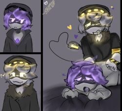 1boy 1boy1girl 1girls beanie beanie_hat bed bedroom blushing canon_couple dumbfound_ritz glitch_productions grey_background hat heart_shaped_tail intercourse male/female murder_drones n_(murder_drones) penetration purple_eyes purple_hair sex straight straight_sex tail uzi_(murder_drones) vaginal_penetration vaginal_sex yellow_eyes