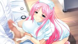 1boy 1girls amakami_yume_(oppai_igai_ga_dame_sugiru_ane) bed blue_eyes blush breasts caressing_testicles censored eyebrows_visible_through_hair female game_cg gloved_handjob gloves handjob indoors kaneshiro_wataru kneeling large_breasts latex_gloves light-skinned_female light-skinned_male light_skin long_hair looking_at_penis looking_up nurse oppai_igai_ga_dame_sugiru_ane penis pink_hair shadow sitting smile white_gloves wooden_floor