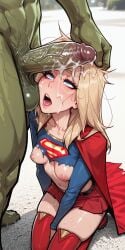 1boy 1girls after_oral ai_generated belt blonde_hair blue_eyes blush boots breasts_out cape collarbone crop_top cum cum_on_face cum_on_penis dc_comics defeated_heroine female green_skin half-closed_eyes hand_on_head heavy_breathing hulk kneeling large_penis long_hair looking_up maledom marvel messy_hair molamaxuy muscles nipples open_mouth outdoors penis_awe penis_on_face ripped_clothing skinny skirt small_breasts straight supergirl superheroine testicles thigh_boots tired veiny_penis viewed_from_above
