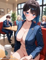 1girls ai_generated blazer bottomless breasts cafe casual casual_nudity coffee_cup crowd cup encoder exhibitionism female looking_at_viewer naked naked_female nude nude_female open_clothes public public_nudity pussy sitting vagina
