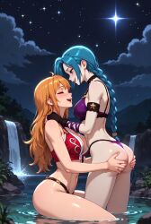 ai_generated ass beautiful_body beautiful_girl beauty bikini blue_hair crossover female female_only fountain hot jinx_(league_of_legends) lesbian_couple nami_(one_piece) night one_piece orange_hair sexy touching_ass water