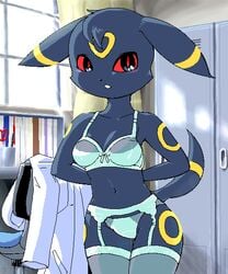 anthro black black_skin blush bra ears_down face_markings female fur furry furry_ears furry_tail g-sun lingerie looking_at_viewer markings negligee nintendo panties pokemon pokemorph pov red_eyes solo standing tail tail_markings umbreon underwear undressing