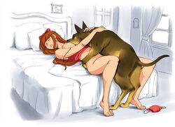 1animal 1girls barefoot bed bottomless bow breasts brown_hair canid_on_humanoid canine canine_on_human caracol closed_eyes color cross dog domestic_dog earrings female female_human feral hairbow hetero human jewelry long_hair male male/female male_canine missionary missionary_position nipples on_back on_bed original panties_on_floor sex vaginal_penetration zoophilia