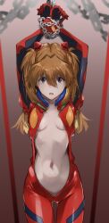 1girls arms_up asuka_langley_sohryu blue_eyes bodysuit bondage bound bound_wrists breasts brown_hair chains commentary_request curvy female female_only hairpods highres interface_headset_(evangelion) long_hair mecha_pilot_suit multicolored_bodysuit navel neon_genesis_evangelion plugsuit_(evangelion) red_bodysuit restrained shiny_clothes shiny_skin small_breasts souryuu_asuka_langley stomach tight_clothing tsundere unzipped wide_hips yagisawa_teru