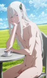 1boy ai_generated aidontknow androgynous arm_rest blue_sky butterfly_hair_ornament cloud day echidna_(re:zero) femboy field flaccid flat_chest genderswap_(ftm) hair_ornament hand_on_own_face head_rest long_hair looking_at_viewer nipples nude on_chair otoko_no_ko outdoors penis re:zero_kara_hajimeru_isekai_seikatsu rule_63 seductive_smile sitting sweat table tea_cup trap white_eyelashes white_hair yaoi
