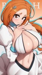 1girls about_to_burst artist_name barely_contained barely_contained_breasts barely_fits big_breasts bleach bleach:_sennen_kessen-hen breasts breasts_spilling_out breasts_too_big brown_eyes bursting_breasts cleavage cleavage_cutout closed_mouth clothing_cutout collarbone copyright_name detached_sleeves female female_focus female_only hair_ornament hairclip hands_on_own_chest highres imminent_wardrobe_malfunction inoue_orihime large_breasts light_blush long_hair looking_at_viewer midriff navel official_alternate_costume orange_hair puffy_sleeves shiny_skin simple_background snowflake_hair_ornament solo solo_focus standing stomach straining_clothing tettora tight_clothes tight_clothing tight_fit too_tight undersized_clothes undersized_clothing wardrobe_malfunction