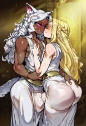 2boys abs ai_generated ass bare_shoulders big_ass big_bulge big_butt blonde_hair blush bulge cairo_(farggothdur) cat_ears cat_tail catboy dark-skinned_male dark_skin elden_ring farggothdur femboy femboy_on_femboy fit_body fromsoftware interracial light-skinned_male light_skin long_hair looking_at_another male male_focus male_only miquella purple_eyes smug smug_face white_hair