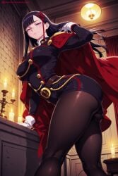 ai_generated ass bangs belt black_hair black_legwear bookshelf breasts cape chained_soldier female female_only gloves hi_res high_quality high_resolution indoors kiraamane lantern large_breasts long_hair looking_at_viewer pantyhose patreon purple_eyes purple_hair seductive sexy skirt solo thighs uncensored very_long_hair watermark white_gloves yamashiro_ren