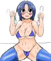 bikini blue_bikini blue_eyes blue_hair blue_legwear blush breasts ciel ciel_(tsukihime) cleavage condom cross digikino erect_nipples female heavy_breathing highleg highleg_bikini highleg_swimsuit looking_up micro_bikini plump sideboob solo sweat swimsuit thighhighs tsukihime type-moon underboob used_condom