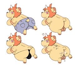 ass balls chubby clothing croix cum cum_in_ass cum_inside furry gay hair looking_back male no_humans nude orange_hair pants pink_eyes plain_background tehweenus thong white_background