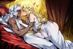 2boys abs ai_generated ass bare_shoulders big_ass big_butt blonde_hair blush bulge cairo_(farggothdur) cat_ears cat_tail catboy dark-skinned_male dark_skin elden_ring farggothdur femboy femboy_on_femboy fit_body fromsoftware interracial light-skinned_male light_skin long_hair looking_at_another male male_focus male_only miquella on_bed purple_eyes smug smug_face white_hair