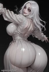 1girls ai_generated ass ass_focus back_view big_ass big_breasts big_thighs black_pupils blood blood_in_mouth blood_on_face blood_stain breasts female grey-skinned_female grey_body grey_skin huge_ass huge_breasts huge_thighs hypet light_hair long_hair looking_at_viewer pale-skinned_female pale_skin red_sclera resident_evil resident_evil_9:_requiem selena_corey smiling smiling_at_viewer thick_thighs thighs undead undead_female white_hair white_iris wide_hips zombie zombie_girl