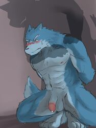 anthro balls blush canine flaccid fur furry gay inukami male muscles nipples pecs penis shadow sweat wolf