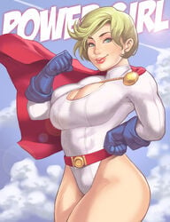 belt big_breasts blonde_hair blue_eyes cape cleavage cleavage_cutout dc female gloves leotard maou_alba power_girl short_hair smile solo standing