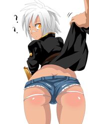 ass bent_over big_ass big_butt blazblue bullet_(blazblue) dark_skin diabolic-mario from_behind highres huge_ass looking_back scar short_hair short_shorts shorts silver_hair tomboy white_hair yellow_eyes