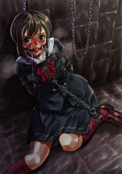 arms_behind_back ball_gag blush bondage chains collar drooling female gag gagged kneehighs pizza_man saliva school_uniform solo tears