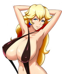 1girls armpits blonde_hair blue_eyes breasts cleavage earrings female female_only large_breasts long_hair mario_(series) navel nintendo princess_peach sexy_armpits sling_bikini smile solo string_bikini swimsuit withpride