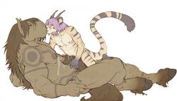 2boys anthro beige_fur big_penis blue_eyes body_fur cum equine erection feline foreskin foreskin_folds forge_(artist) furry gay gay_sex grey_stripes hooves horns horse horse_tail humanoid_penis intact kissing long_hair_male male male/male male_nipples male_only male_pubic_hair mane markings masculine nude_male partially_retracted_foreskin penis revankitty size_difference smooth_penis tail tan_fur tattoos thewielder tiger uncut yaoi