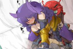 1boy 2girls antennae bisexual blush breasts breasts_out butler character_request cowgirl_position ebifran_(matsuda_yuusuke) elbow_gloves female gangbang gloves guided_penetration hair_over_one_eyes half-closed_eyes handjob helmet henoeno horns large_breasts lobster male male_pubic_hair nipples nise_maou_kanizeru open_fly original pants_pull penis precum pubic_hair purple_hair purple_legwear pussy_juice robot sex straddle straight thighhighs tomboy trembling unzipped yuusha_to_maou