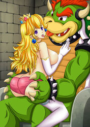 1boy artemisumi ass blonde_hair bowser bracelet breasts claws collar crown earrings elbow_gloves eyebrows female gloves hand_on_thigh highres horns jewelry kissing koopa male mario_(series) nintendo panties panties_only princess princess_peach purple_eyes red_eyes red_hair saliva sharp_teeth shell sitting sitting_on_lap sitting_on_person spiked_bracelet spiked_collar spikes thighhighs tongue underwear