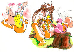 blush boots brown_hair caracol censored character_request closed_eyes cum ejaculation facial female finger_in_mouth gloves masturbation monkey mosaic_censoring nowa open_mouth penis pointy_ears queen's_blade ruu_(queen's_blade) sitting small_dom_big_sub smaller_male spread_legs stump tied_hair tree_stump twintails zoophilia