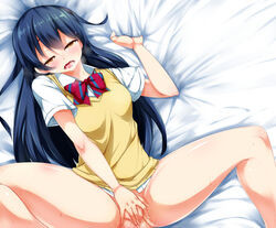 bed_sheet blue_hair female female_only human long_hair love_live! love_live!_school_idol_project lying masturbation on_back open_mouth pussy_juice raiden_(artist) saliva school_uniform solo sonoda_umi spread_legs yellow_eyes