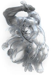 anthro balls biceps black_nose feline flaccid frown fur furry hair lion looking_at_viewer male male_only multiple_tails muscles neodokuro nude penis plain_background sword weapon white_background