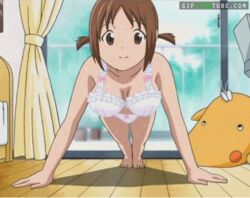 animated beige_skin bra breasts brown_eyes brown_hair cleavage clothes color day exercise female female_only hair hinako_(issho_ni_training) human indoors issho_ni_training open_eyes panties push-up screencap short_hair smile solo sweat underwear_only