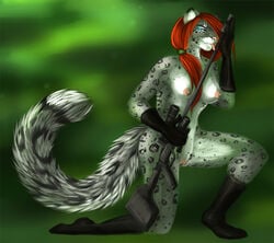 anthro breasts feline female fur furry gun hair leopard licking looking_at_viewer missoro nude pussy ranged_weapon red_hair rifle snow_leopard solo tongue weapon