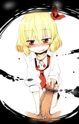 blonde_hair blush dra dress_shirt female hair_ribbon necktie penis red_eyes ribbon rumia shirt short_hair smile solo tongue tongue_out touhou