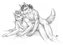 anal anal_sex anthro beard bed biceps canine claws facial_hair fluffy_chest from_behind fur furry furry_only gay greyscale kravn male monochrome muscles no_humans nude pecs penetration piercing plain_background tattoo white_background wolf