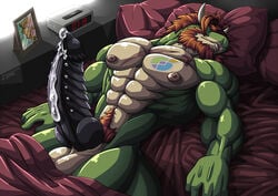 abs balls beard bed biceps big_penis black_penis bodybuilder closed_eyes cum erection facial_hair frenum_ladder frenum_piercing genital_piercing green_skin hair horn huge_cock knot male male_only muscles nipples nude orange_hair pecs penis penis_piercing piercing scalie serratus_anterior sleeping smile solo tattoo the_fabulous_croissant treasure_trail white_skin