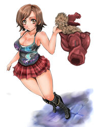 1041_(pixiv) 1041_(toshikazu) armpits bare_shoulders big_breasts black_boots blush boots bra breasts brown_eyes brown_hair cleavage clothed female jacket kazama_asuka large_breasts legs lingerie namco open_mouth red_jacket red_skirt short_hair simple_background skirt solo striped_skirt tank_top tekken tekken_5_dark_resurrection tekken_tag_tournament_2 thick_thighs thighs underwear white_background white_bra