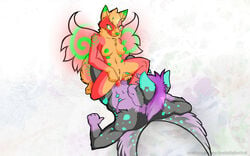 1boy 1girls acethebigbadwolf alien antennae anthro black_fur blue_eyes breasts cel_shading color female fur furry furry_only hi_res lying male markings navel nipples nude orange_fur penis pointy_ears purple_fur pussy red_fur sex spots spread_legs straight stripes wet wings yellow_eyes