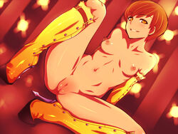 1girls bare_shoulders boots breasts brown_hair censored crotch_zipper dark_persona dutch_angle elbow_gloves em em_(totsuzen_no_hakike) female gloves grin hairless_pussy harness high_heel_boots high_heels leather looking_at_viewer megami_tensei naked_boots naked_footwear naked_gloves nipples nude orange_eyes orange_hair persona persona_4 pointless_censoring pussy satonaka_chie shadow_chie shadow_self_(persona) shaved_pussy shoes short_hair sitting smile solo spread_legs topless yellow_eyes zipper