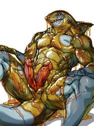 1boy 2015 abs animal_genitalia anthro anus biceps black_sclera diphallia diphallism dohs erection fish fluids genital_slit hemipenes humanoid_penis jacketbear looking_away male male_only marine multi_penis muscles nude open_mouth pecs penis plain_background reclining scar shark sharp_teeth slit smile solo spread_legs spreading teeth wet white_background yellow_eyes