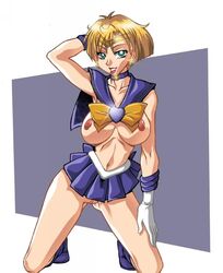 bishoujo_senshi_sailor_moon blonde_hair breasts choker clothing earrings haruka_tenou jewelry large_breasts no_panties sailor_uranus short_hair sirkowski skirt smooth_skin source_request topless