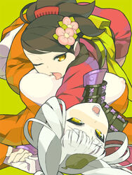 animal_ear armor blush breast_licking breast_sucking breasts breasts_out brown_eyes brown_hair curvy_milf female flower hair_comb hair_flower hair_ornament inari japanese_clothes kimono kongiku large_breasts leaf leaf_on_head licking milf momohime multiple_girls muramasa_the_demon_blade nipple_suck nipple_sucking nipples on_back open_mouth pomelocandy simple_background suckling vanillaware white_hair wink yellow_eyes young_woman young_woman_and_milf yuri