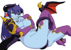 armor ass astaroth astaroth_(shinrabanshou) blue_hair blue_skin breasts demon_girl demon_horns demon_tail demon_wings earrings horns jewelry medium_breasts nipples pussy shinrabanshou smile tail wings yellow_eyes