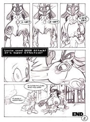 anthro areola big_breasts breasts canine comic crossover dialogue english_text erect_nipples female fox fur furry heart hi_res huge_breasts lovie_(anjuneko) lucario male mammal monochrome neokat nintendo nipple_piercing nipple_pull nipples piercing pokemon pokemon_(species) sonic_(series) tails text