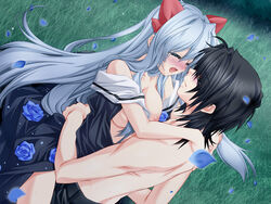 1boy black_hair blue_hair blue_rose breasts dress female flower game_cg grass leni_(under_the_moon) long_hair male no_bra open_clothes open_shirt outdoors outside petals rose sex shirt straddle straight sweat tears toujou_sakana under_the_moon upright_straddle white_hair