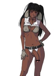 1futa belt black black_hair censored cowboy_hat cowgirl dark-skinned_futanari dark_skin futa_only futanari gloves intersex konbuni penis red_eyes solo solo_futa