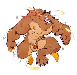 1boy abs anthro artist_name balls ballsack beefy biceps big_muscles body_fur brown_fur canine fluffy_tail glowing glowing_eyes inpu male male_nipples male_only mammal muscles muscular_male nude_male pecs penis scrotum semi-erect solo super-tuler tairupanda testicles toony veiny_penis were werewolf wolf