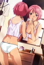 1girls ass back blush breasts cleavage clothing crop_top female from_behind hojo_kuniko houjou_kuniko lingerie lipstick mirror nyantype panties pink_hair purple_eyes reflection school_uniform shangri-la short_hair skindentation solo tank_top underwear underwear_only white_panties